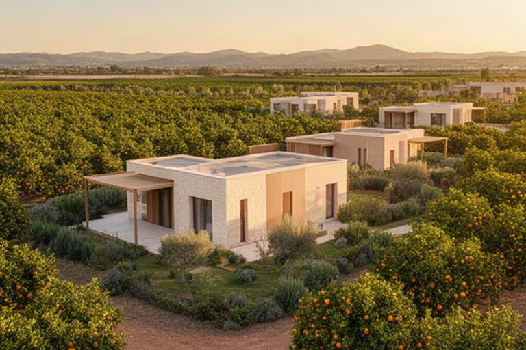 Casas unifamiliares de consumo casi nulo junto a campos de naranjos en Bétera